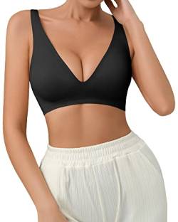 SHARICCA Nahtloser BH Damen Ohne Bügel V-Ausschnitt Bralette Damen BHS Haltungskorrektur Bequem und Weich Bustier Seamless Push up Tshirt BH Soft(Schwarz-1P03-M) von SHARICCA