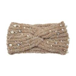 Stirnband Damen Winter Winter Warme Stirnband Frauen Gestrickte Stirnbänder Mit Perle Kopfbedeckung Einfarbig Haarband Haar Zubehör (Color : Brown) von SHBHWS