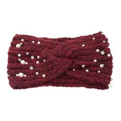 Stirnband Damen Winter Winter Warme Stirnband Frauen Gestrickte Stirnbänder Mit Perle Kopfbedeckung Einfarbig Haarband Haar Zubehör (Color : Red) von SHBHWS