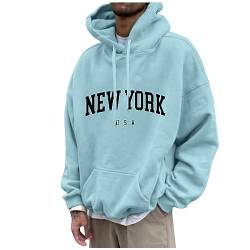 Geschenke Für Männer Herbst Winter Buchstabenmuster Langarm Hoodie Mit Taschen Lockere Langen Ärmeln Pulli Für Männer Sweatshirt Herren Polo(5-Sky Blue,3XL) von SHE.White