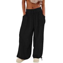 Harmeshose Damen Leinenhosen Damen Leicht 7/8 Damen Boho Weite Bein Haremshosen Damen Culotte-Hose Yogahosen Cropped Paperbaghose Palazzo Hose Schlitz Knielange Hosen Damen Sommer(1-Black,S) von SHE.White