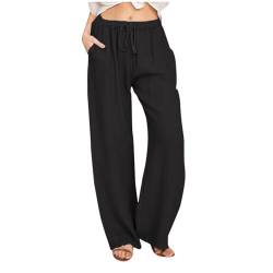 Jogginghose Luftig Baumwolle Leinen Sommerhose Leichte Stoffhose Schwarze Hose Damen Stretch Lockere Damenhose Leinenhemd Damen Weisse Hosen Damen Gartenhose(4-Black,M) von SHE.White