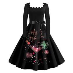 Kleid 50Er Jahre Damen Damen Langarm Frauen Vintage 2024 Silvester Drucken Rockabilly Swing A-Linie Maxikleider Elegant Abendkleider Kleider Weihnachten Damen Cocktail Dress(1-Multicolor,XXL) von SHE.White