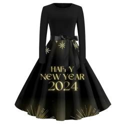 Kleid Weihnachten Damen Damen Langarm Frauen Vintage 2024 Silvester Drucken Rockabilly Swing A-Linie Maxikleider Elegant Abendkleider Weihnachtsmann-Kleid Hochzeitskleid Große Größen(3-Black,XL) von SHE.White