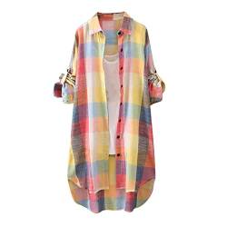 Leinenbluse Damen Sommercasual Kariert/Einfarbig Revers Button Down Lange Ärmel Tunika Karo Shirt Langarm Hemd Elegant Frauen Shirtshemden Damen Kariert Lang Flanell(1-Yellow,L) von SHE.White