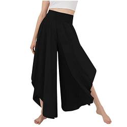 SHE.White Leichte Hose Damen Sommer Baggy Jogginghose Damen Damen Casual Einfarbig Hoher Taille Weitem Bein Split Long/Kurz Hose Mit Elastisch Bund Kurze Hose Damen Sport (3-Black,S) von SHE.White