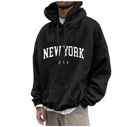 SHE.White Männer Geschenke Herbst Winter Buchstabenmuster Langarm Hoodie Mit Taschen Lockere Langen Ärmeln Pulli Für Männer Kapuzenpullover Herren Basic(5-Black,4XL) von SHE.White