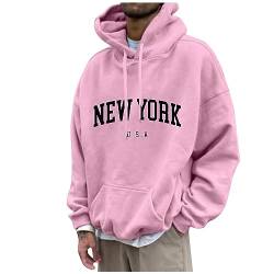 SHE.White Rave Outfit Herren Herbst Winter Buchstabenmuster Langarm Hoodie Mit Taschen Lockere Langen Ärmeln Pulli Für Männer Kapuzenpullover Oversize(5-Pink,4XL) von SHE.White