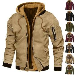 SHE.White Wasserdichte Jacke Herren Outdoor Fleecefutter Einfarbig/Kariert Drucken Jacke Mit Reißverschlusstaschen Warme Winddichte Winterjacke Mit Kapuze (1-Khaki,Xl) von SHE.White