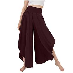 SHE.White Weite Hose Damen 9/10 Hose Damen Casual Einfarbig Hoher Taille Weitem Bein Split Long/Kurz Hose Mit Elastisch Bund Sport Hose Kurz Damen (3-Wine,M) von SHE.White