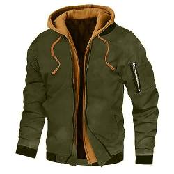 SHE.White Wind Und Regenjacke Herren Outdoor Fleecefutter Einfarbig/Kariert Drucken Jacke Mit Reißverschlusstaschen Warme Winddichte Winterjacke Mit Kapuze Militär Jacke Herren(1-Army Green,L) von SHE.White