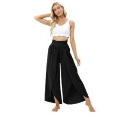 SHE.White Yoga Hose Culotte Damen 7/8 Damen Casual Einfarbig Hoher Taille Weitem Bein Split Long/Kurz Hose Mit Elastisch Bund Hose Weit Damen (1-Black,S) von SHE.White