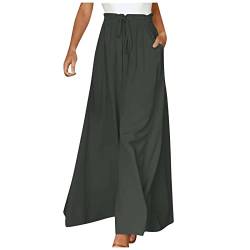 Schlaghose Damen Jeans Damen Elegant Weites Bein Hosen Elastisch Hohe Taille Palazzo Hose Mit Kordelzug Damen Hose Leinenhose Lange Luftige Hose Culotte Damen Lang(2-Dark Gray,L) von SHE.White