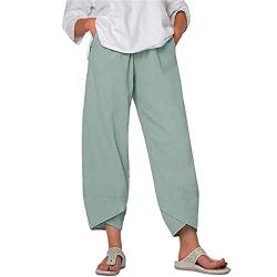 Schlupfhose Damen Luftig Baumwolle Leinen Sommerhose Leichte Stoffhose Hose Weites Bein Damen Hose Damen Sommer Casual Baumwolle Damen Elastischer Bund Hose Haremshose Damen XXL(1-Light Blue,4XL) von SHE.White