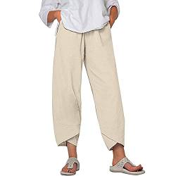 Stoffhose Damen Luftig Baumwolle Leinen Sommerhose Leichte Stoffhose Musselin Hose Damen Hosen Bundfaltendamen Schwarze Hose Damen Wide Leg Pants Women Set Lange Hosen Damen(1-Khaki,L) von SHE.White