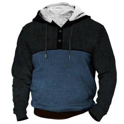 T-Shirts Für Herren Männer Vintage Distressed Henley Knopfleiste Langarm Sweatshirt Mit Kapuze Outdoor Kapuzenpullover Kuschelpullover Herren Fleece Pullover (1-Navy,XXL) von SHE.White