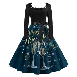 Weihnachtskleidung Damen Langarm Frauen Vintage 2024 Silvester Drucken Rockabilly Swing A-Linie Maxikleider Elegant Abendkleider Weihnachtskleidung Festlichkleid(1-Dark Blue,L) von SHE.White