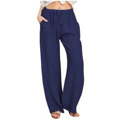 Wide Leg Hose Damen Leicht Einfarbig Baumwolle Leinen Straight Leg Palazzo Hosen Mit Taschen Leinenhose Damen Lang Hose Damen Leinen Sommerhose 7/8 Casual Leichte Baumwolle Leinenhose (1-Navy,M) von SHE.White