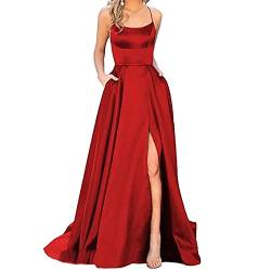 Women's Long Ball Dresses Elegant Halterneck Backless Long Dresses A-line Criss-Cross Satin Spaghetti Strap Party Prom Dress Side Slit Wedding Pockets von SHE.White