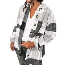 SHECO Damen Herbst Winter Casual Oversized wolljacke mit Tasche Streifen Plaid Lose Basic Revers Hemden Knit Hemdjacke Knöpfen Mantel Warme Langarmshirt Bluse Karierte Jacke von SHECO