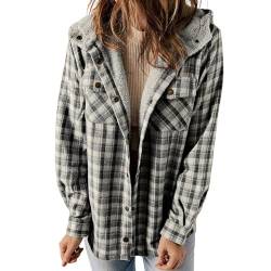 SHECO Damen Wolle holzfäller Freizeit Karobluse Retro Überwurf warm Karierte Hemden Damen Plaid mit Kapuze Kapuzenpullover Zotten Dicker Winter Herbst Gefüttert Hemdbluse mit Tasche Jacke von SHECO