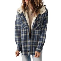 SHECO Damen Wolle holzfäller Freizeit Karobluse Retro Überwurf warm Karierte Hemden Damen Plaid mit Kapuze Kapuzenpullover Zotten Dicker Winter Herbst Gefüttert Hemdbluse mit Tasche Jacke von SHECO