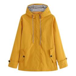 SHECO Wasserdichter Regenmantel für Damen Regenjacke mit Kapuze Leichter Übergangsjacke Langer Regenmantel Windjacke Mit Taschen und Kordelzug Trenchcoat Winter Gelb 3XL von SHECO