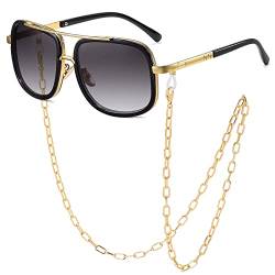 SHEEN KELLY Übergroße Retro-Ketten-Pilot-Sonnenbrille-Quadrat-Rahmen Gold Metall für Männer Frauen schwarze Linse von SHEEN KELLY