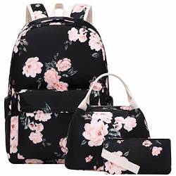 SHEEYEE Schulrucksack für Teenager, Mädchen, Büchertaschen mit Lunchbox-Set, Studenten, Laptop, Reise-Floarl-Rucksack (schwarz mit Blume) von SHEEYEE