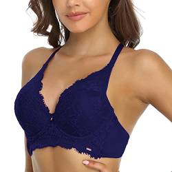 SHEKINI BH Damen mit Bügel Push Up BH Rückenfrei Blumen Spitze Bügel-BH Tiefer Ausschnitt Unterwäsch Bustier Dessous Top Unterwäsche, Blau, 34/75B von SHEKINI