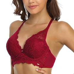 SHEKINI BH Damen mit Bügel Push Up BH Rückenfrei Blumen Spitze Bügel-BH Tiefer Ausschnitt Unterwäsch Bustier Dessous Top Unterwäsche, Weinrot, 38/85C von SHEKINI