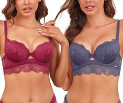 SHEKINI BH Damen mit Bügel Push up BH Blumen Spitze Balconette BHS Rückenfrei Bustier Gepolstert Bügel-BH 2er Pack Unterwäsche, Weinrot/Dunstblau,36/80B von SHEKINI