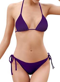 SHEKINI Bikini Damen Set Sexy Klassischer Triangel Rückenfrei Bikinioberteil Verstellbare Zweiteiliger Badeanzug Niedrige Taille Ruched Bikinihose für Frauen（XL, Lila） von SHEKINI