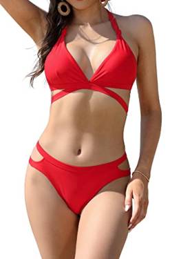 SHEKINI Bikini Set Damen Sexy Verstellbar Neckholder Push up Bikini Oberteil Zweiteiliger Badeanzug Brazilian Triangel Bikinihose (L, Rot) von SHEKINI