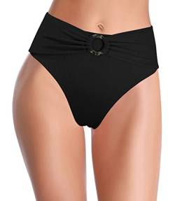 SHEKINI Bikinihose Damen High Waist Stilvoll Design Bauchweg Badeshorts Abdominale Kontrolle Retro Badehose (M,Schwarz) von SHEKINI