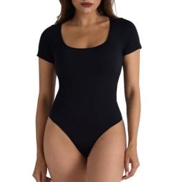 SHEKINI Body Damen Kurzarm Bodysuit Shapewear Bauchweg Figurformende Body Shaper Shaping Effektive T-Shirt Tanga Elegant Eckiger Ausschnitt Top Nahtlos Hoher Elastizität von SHEKINI