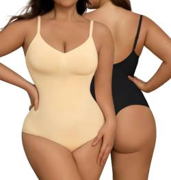 SHEKINI Bodysuit Shapewear Damen Bauchweg Formender Miederbody Nathlos Body Shaper Sculpting Verstellbarer Schultergurt Tanga 2er pack von SHEKINI