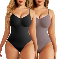 SHEKINI Bodysuit Shapewear Damen Bauchweg Formender Miederbody Nathlos Body Shaper Sculpting Verstellbarer Schultergurt Tanga 2er pack von SHEKINI