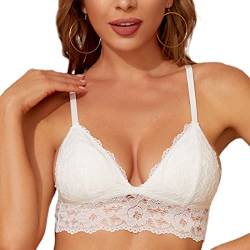 SHEKINI Bralette Damen Spitze Blumen BH ohne Bügel Tief V-Ausschnitt Bequemer Gepolstert Triangel BH Verstellbare Spaghettiträger von SHEKINI