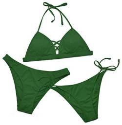 SHEKINI Damen 3 Teiliger Badeanzüge Kreuz Cutout Rückenfrei Verstellbarer Bikinioberteil mit Niedrige Taille Triangel Ties-up Bikinihose Bademode (Grün, S) von SHEKINI