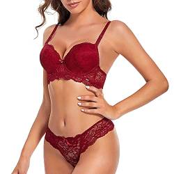 SHEKINI Damen BH Set BH Und String Spitze Trägerloser Abnehmbare Träger Push Up Bügel BH Unterwäsche Lingerie Tanga Dessous Sets(rot,38/85C) von SHEKINI