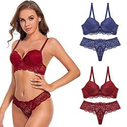 SHEKINI Damen BH Set BH Und String Spitze Trägerloser Abnehmbare Träger Push Up Bügel BH Unterwäsche Lingerie Tanga Dessous Sets von SHEKINI