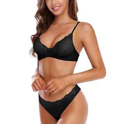 SHEKINI Damen BH Set Push Up Bügel BH Unterwäsche Lingerie Tanga Dessous Sets (Schwarz,6114, L) von SHEKINI