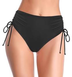 SHEKINI Damen Badeanzug Retro Bauchweg Bikinihose Schwarze High Waist Badeshorts Abdominal Kontrolle Ruched Verstellbarer Ties-up Klassisch Badehose（L, Schwarz C） von SHEKINI