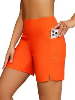 SHEKINI Damen Badehose Badeshorts Hohe Taille Bikinihose mit Taschen Schnell trocknende Strand Schwimmshorts mit Futter(M,Orange) von SHEKINI