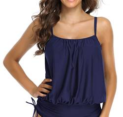 SHEKINI Damen Bademode Niedriger Kragen Armellos Bauchweg Ruched Tankini Oberteil Rückenfrei Verstellbare Kordelzug Bikinioberteil Badeanzug(M,Dunkelblau) von SHEKINI