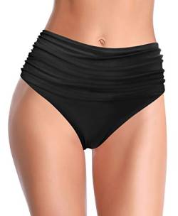 SHEKINI Damen Badeshorts Badeanzug Retro Bauchweg High Waist Schwarz Bikinihose Abdominal Kontrolle Ruched Klassische Badehose Große Größe（S, Schwarz D） von SHEKINI