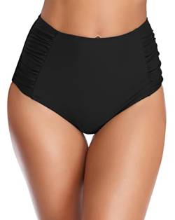 SHEKINI Damen Badeshorts Badeanzug Retro Bauchweg High Waist Schwarz Bikinihose Abdominal Kontrolle Ruched Klassische Badehose Große Größe (Groß, Schwarz) von SHEKINI