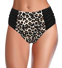 SHEKINI Damen Badeshorts Badeanzug Retro Bauchweg High Waist Schwarz Bikinihose Abdominal Kontrolle Ruched Klassische Badehose Große Größe (S,Leopard-3) von SHEKINI