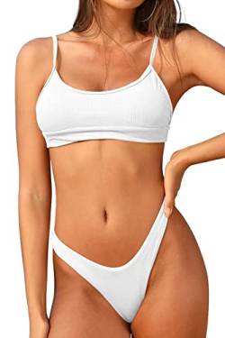 SHEKINI Damen Bandeau Bikini Set Gerippt 2 Teiliger Monkini Spaghettiträger Gepolstert Bikini Oberteil Low Waist Tanga High Cut Bikinihose für Frauen Rückenfrei Strandmode von SHEKINI